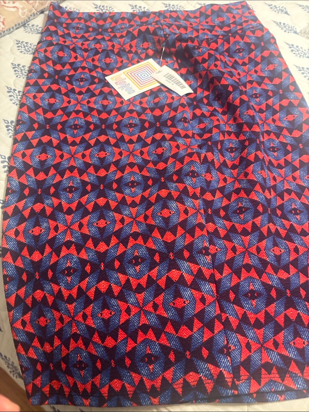 LuLaRoe Pencil Skirt in Red and Blue Geometric Print